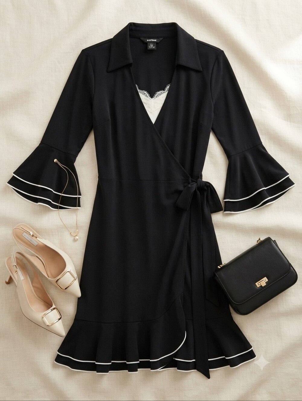 Vintage Express Collared Black White Trim Ruffle Poet Sleeve True Wrap Dress